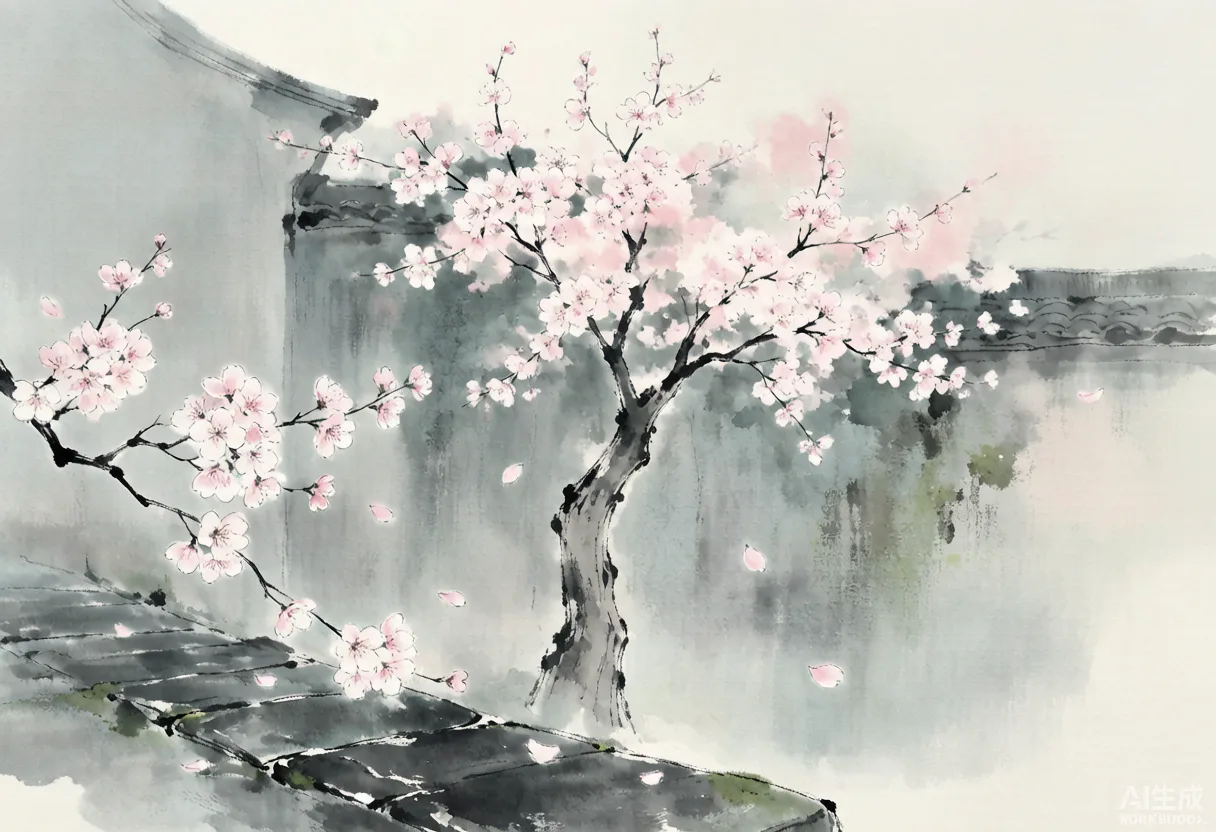 巷口樱花盛开水墨插画