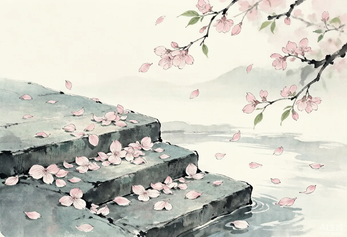 樱花飘落石阶流水水墨插画