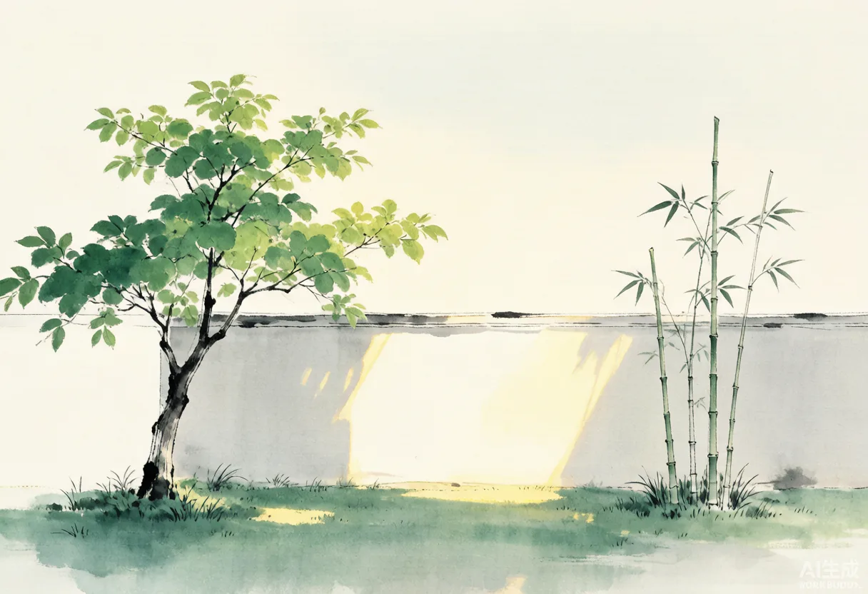 初夏绿荫细竹日影水墨插画